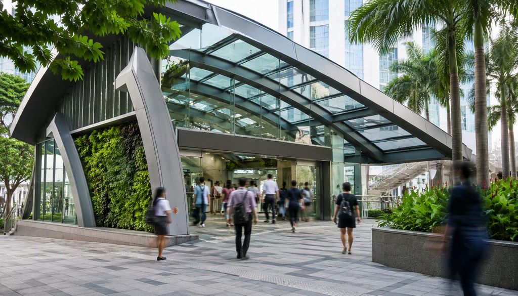 A modern MRT station entrance framed by greenery, illustrating Singapore's expanding rail network