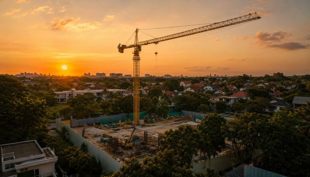 Tower crane over a construction site at golden hour, illustrating GLS development activity in Singapore