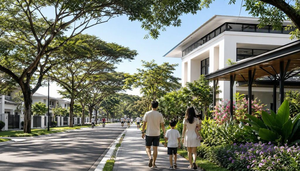 Tree-lined street and clubhouse in an Eco World township development