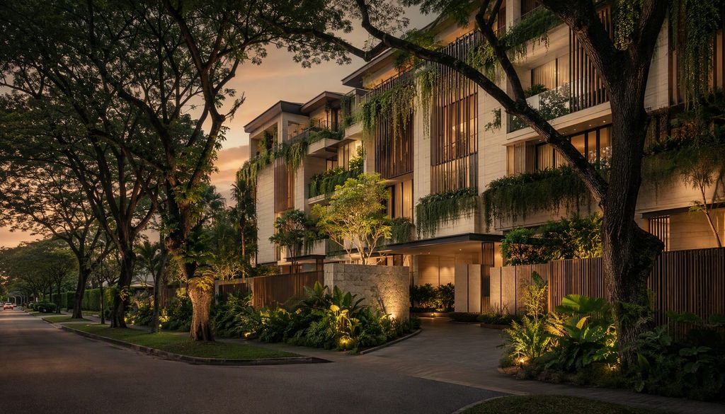 未来 Lorong Puntong Condo 立面效果图，掩映于新民道旁的苍翠绿树之间，暖色黄昏光线