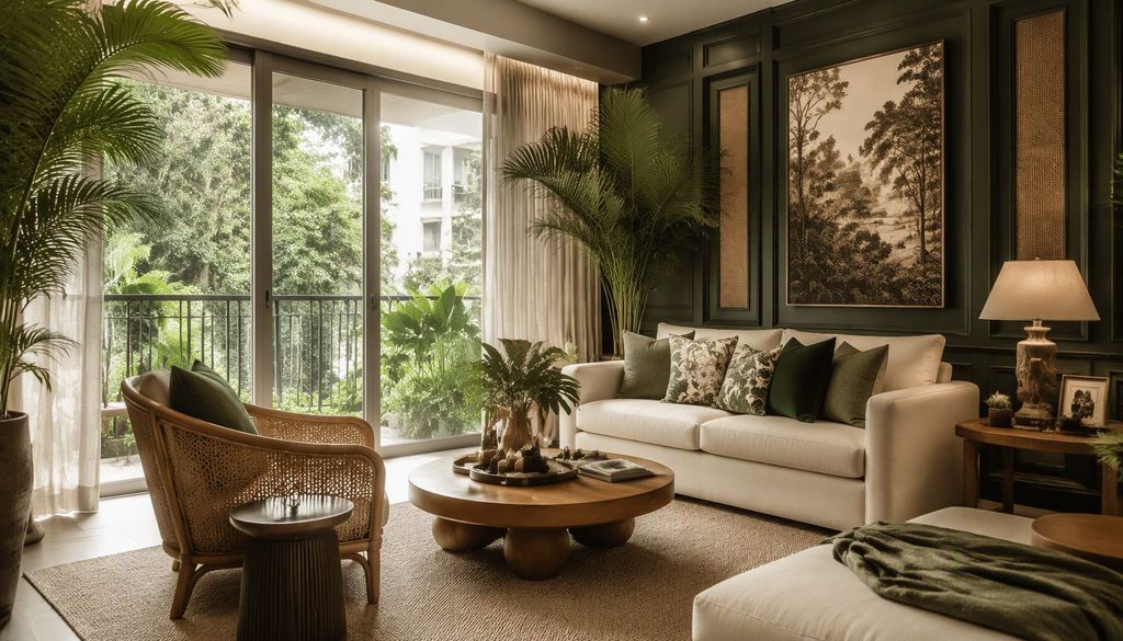 Artist's impression of a warm, botanical-styled living room at Lorong Puntong Condo