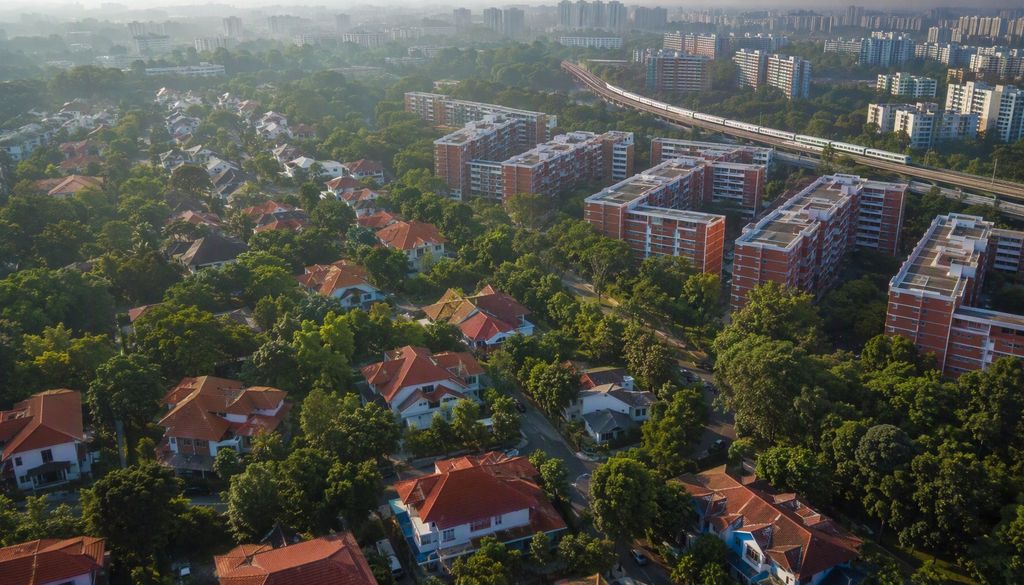 Aerial view of the Bishan and Sin Ming estate around Lorong Puntong, with the MRT viaduct and surrounding greenery